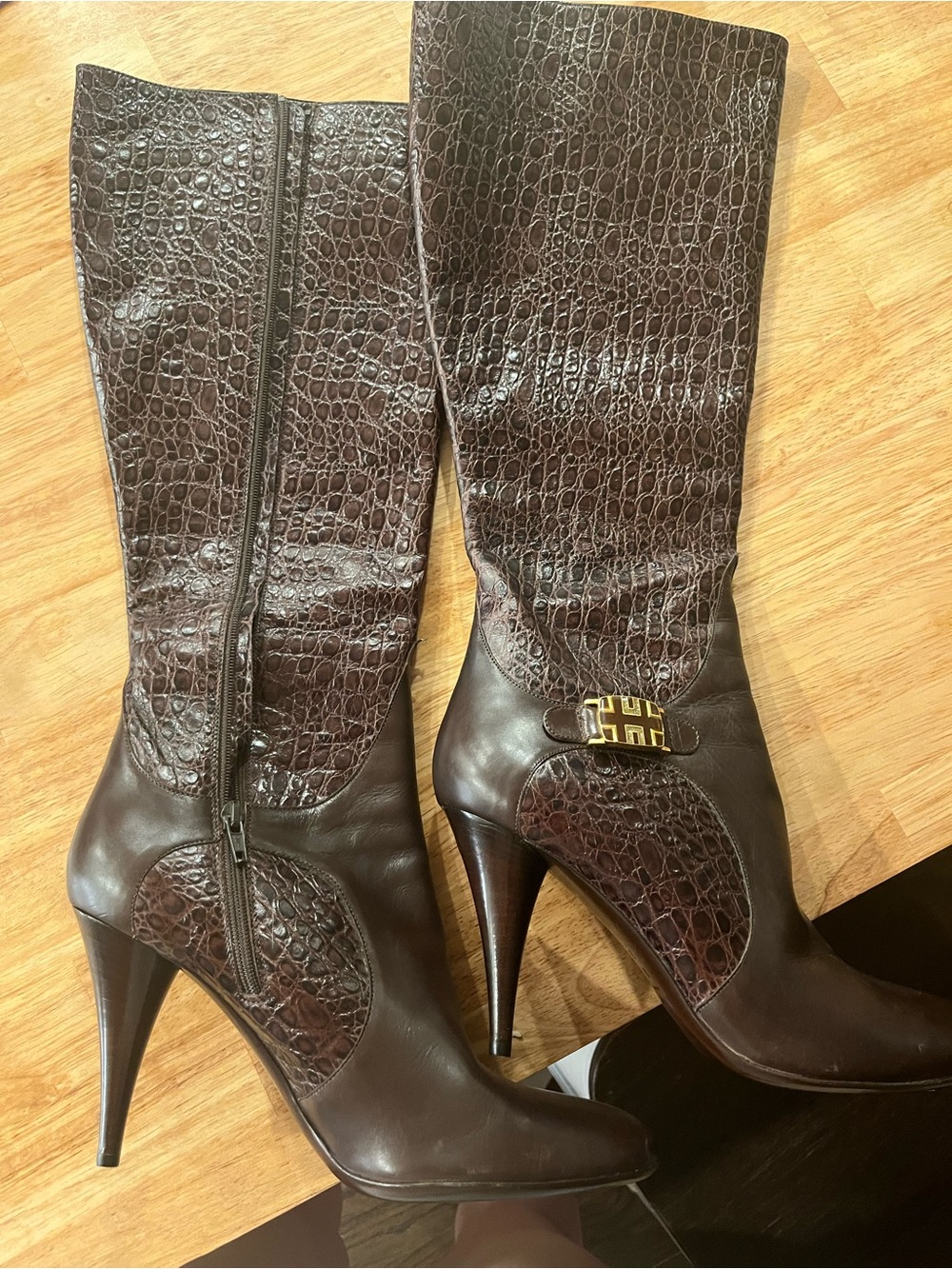 Cole-Haan Women's Brown Croc-Embossed Leather High-Heel Boots